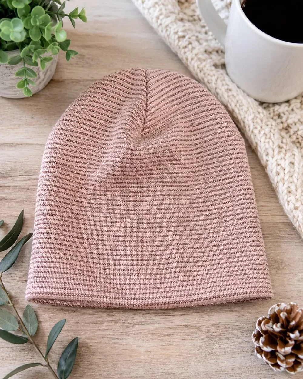 Sole Society Rose Pink Metallic Stripe Knit Beanie Hat | One Size | NWT